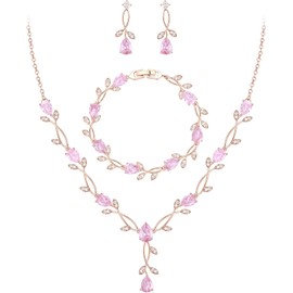 EVER FAITH Boda Juego de Joyería Para Mujer, Cristal Zirconia Cúbica Hojas Dobles de gotas de agua Collar Arete Set para Novia Regalo para cumpleaños/Día de la Madre/Navidad