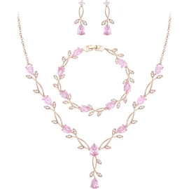EVER FAITH Boda Juego de Joyería Para Mujer, Cristal Zirconia Cúbica Hojas Dobles de gotas de agua Collar Arete Set para Novia Regalo para cumpleaños/Día de la Madre/Navidad