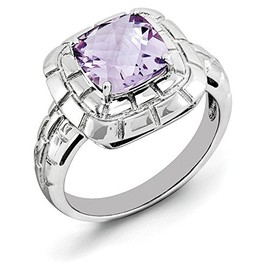 Sterling Silver Rhodium Checker-Cut Pink Quartz Ring