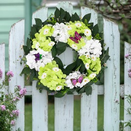 22 Inch Spring Summer Hydrangeas Wreaths for Front Door Green White Artificial Floral Daisy Wreath with Eucalyptus Leaves Butterfly Flower Wreath for Mantel Wedding Indoor Outdoor Home Wall Decor