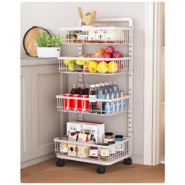 UMDONX 4-Tier Kitchen Storage Cart Metal Snack Cart Adjustable Fruit Basket on Wheels Stand Baskets for Potato Onion Produce White