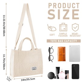 Mtgluk Corduroy Tote Canvas Bag, Ladies Fashion Satchel Shoulder Bags Daily Handbag For Casual Shopping Work (White)
