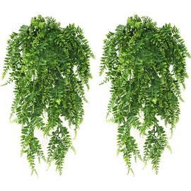 Artificial Hanging Plants, Fake Vines Plastic Ivy Greenery Christmas Decorations Garland Faux Boston Ferns Vine Leaves for Outdoor Indoor Home Garden Party Wedding DIY Bedroom Wall Decor Green 4 Pack
