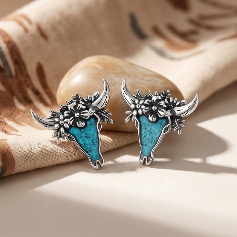 925 Sterling Silver Western Turquoise Cow Skull Stud Earrings for