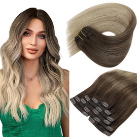 Sunny Hair Clip in Hair Extensions Remy Human Hair Extensions for Women Real Hair Clip in Extensions Double Weft Medium Brown Ombre Balayage Platinum Blonde (12 inch-5pcs/80g, 14-24 inch-7pcs/120g)