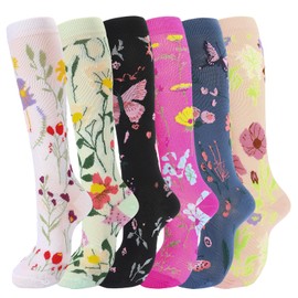 Viiotu 6 Pairs Compression Socks for Men Women Flying - 15-20mmhg - Flight Calf Support Socks for Circulation Graduated Support Hosiery Bamboo Travel Compression Socks (Butterfly, L/XL)