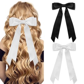 2PCS Silky Satin Hair Bows Hair Clip White Black Hair Ribbon Ponytail Holder Accessories BowKnot Barrettes Ribbon Tassel Bow Clip Slides Metal Clips Hair Bow for Women Girls Toddlers Teens Kids Gift