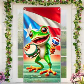 BlissYard Puerto Rico Coqui Frog Door Cover 71x35 Inch Cultural Banner for Front Door Outdoor Indoor Decorations Large Festival Backdrop with Tambourine Maraca Flag Theme Taino Tropical Music Decor