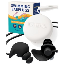 Swimming Ear Plugs for Adults, Waterproof Reusable Silicone Ear Plugs with Strap & Custom Case, Swimmer Earplugs for Surfing, Diving, Showering, Pool and Other Water Sports (Adults & Teens 14+)