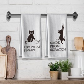 Hcaredee Happy Terrycloth - Juego de 2 toallas de cocina divertidas y dulces con temática de gato, paño de limpieza a mano, paños de cocina, decoración de día festivo, para amantes de los gatos, madres, mujeres, regalos de inauguración de la casa, 14 x 2