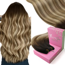 YoungSee 125G Sew in Extensions Brown Balayage Sew in Hair Extensions Balayage Darkest Brown with Medium Brown to Blonde Weft Hair Extensions Human Hair Sew in 22Inch Double Weft Hair Extensions
