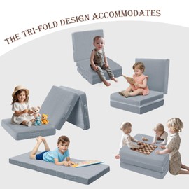 MeMoreCool Foldable Floor Mattress for Kids, Toddler Floor Nap Mat for Sleeping Daycare, Small Child Foldable Mattress Floor Bed, Trifold Futon Portable Tri Folding Mattress, Grey 75x25 Inch