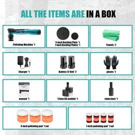 AUTIWOZ Cordless Mini Car Polisher, Fast Change 1/3inch 12mm Orbital and Rotary Small Polisher for Polishing, Scratch Removing, Buffing, 6 Speeds, 2Pcs 2000mAh Li-ion Batteries, Kit 1