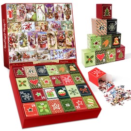 Christmas Advent Calendar Puzzle 1000 Pieces, Christmas Countdown 24 Days 2024, Reusable Jigsaw Puzzle for Adult Teens, Vintage Holiday Santa Postcards Puzzle as Family Game,Xmas Gift for Boys and Girls