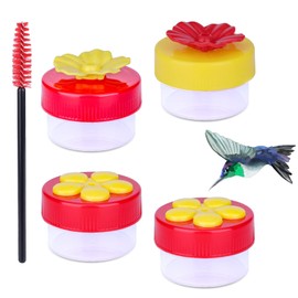 AIEX Handheld Hummingbird Feeder Set, Including 4pcs Plastic Flowers Personal Hummingbird Cup Feeder and 1 Cleaning Brush Hand Feeding Hummingbirds Tool for Outdoors(Red and Yellow)