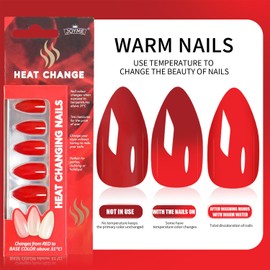 Coquette 24Pcs Gradient Press on Nails with Color Changes Design, Glossy Red False Nails, Ombre Medium Almond Manicure Art Acrylic Stick on Nails