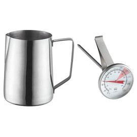 OCS Parts Pro Series Stainless Steel Frothing Pitcher with 8" Frothing Thermometer | 33 Ounce Cup | Commercial Grade Pitchers to Steam and Froth Milk or Cream for Lattes, Cappuccinos and Espressos