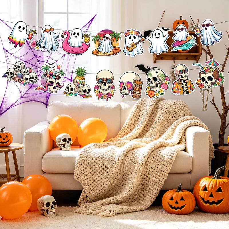 YVAINE Summer Halloween Banner, 4PCS Funny Hawaii Skeleton Novelty Halloween