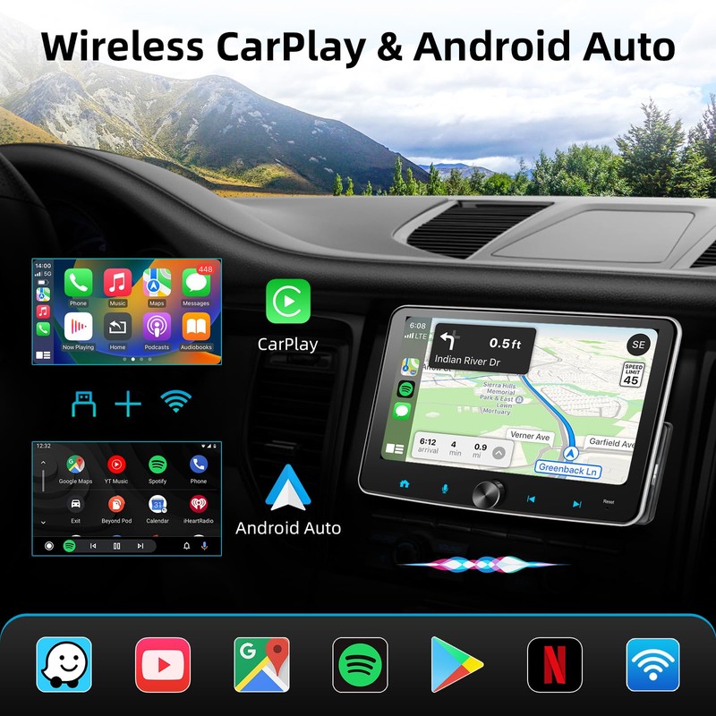 Single Din Radio Wireless Apple Carplay Android Auto,7in Touchscreen Car