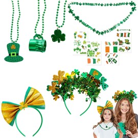 St Patricks Day Accessories Set St. Patrick's Day Party Decorations, Ireland St Patricks Day Bow Headband Necklaces Tattoos Green Shamrock Outfits Costume Accessories Photo Props for Irish Party Decor