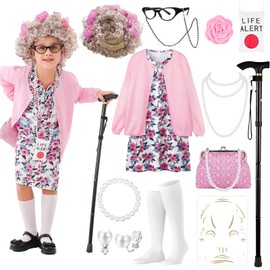 100 Days of School Old Lady Costume Set with Granny Dress Cardigan Old Lady Wig Glasses Grandma Dress Up Outfits 13Pcs (Pink M) 100day-C-PinkCamellia-M