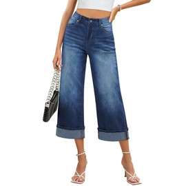 GRAPENT 90S Outfit Woman Cute Clothes Summer Capris for Women Mom Jeans for Women Womans Jeans High Waist Wide Leg Pants for Women Womens Casual Outfits Color Classic Blue Large Size 12 Size 14