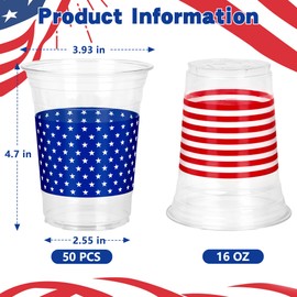 50 Pcs 4th of July Cups, 16 Oz Patriotic Plastic Cups for Fourth of July Decorations Patriotic Party Favors, Disposable Star Pattern Red White and Blue American Flag Cup, Memorial Day Decorations