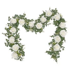Dolicer 2Pcs 13Ft Artificial Eucalyptus Garlands with Flowers - 8 Roses, Faux Floral Greenery Garlands Fake Flowers Vines for Wedding Table Centerpieces Arch Party Ceremony Backdrop Decor (White)