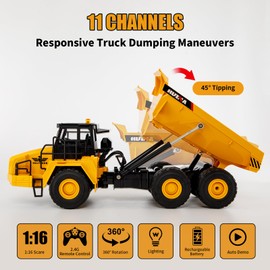 Ssccgym 16.5 Inch Remote Control Dump Truck 11-Channels 1/16 Scale 6.6LBS Load Capacity RC Heavy Duty Semi Alloy Construction Vehicles Toy for Boys Kids 8y+ 12y+ (6-Wheels)