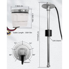 EMIHO 240-33ohm 10"/250mm Fuel Sending Unit with Gauge for Marine Boat RV Truck Car, Stainless Steel 316 Fuel Sender Fuel Level Gauge Tank Sensor Gas Tank Sending Unit