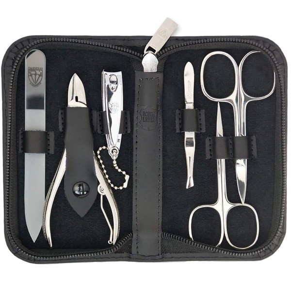 3 Swords Germany - brand quality 6 piece manicure pedicure grooming kit set for professional finger & toe nail care scissors clipper genuine leather case in gift box, Made in Solingen Germany (02259)