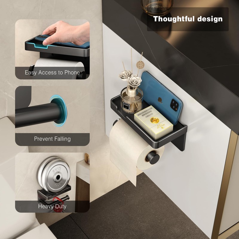 VOLDRA Toilet Paper Holder with Phone Shelf, Self-Adhesive or Screw-in