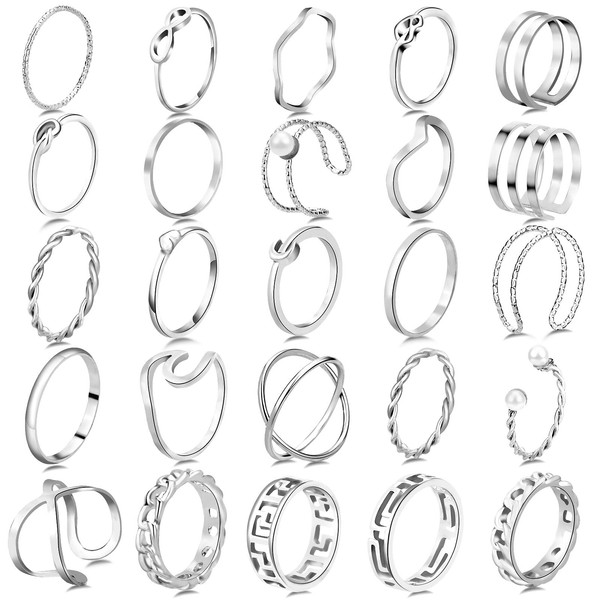 Defrsk 25 Pcs Knuckle Rings for Women Stackable Rings Set Girls Bohemian Retro Vintage Joint Finger Rings Hollow Carved Flowers Jewelry Gifts (Silver 25 Pcs)