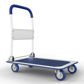 Heavy Duty Foldable Push Cart Dolly | 330 lbs. Capacity | Upgraded Collapsible Hand Truck Folding Platform with Swivel Wheels | Flat Bed Moving Wagon | Space Saving Push Handle (Blue)
