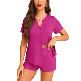 Anjue Women's Pajama Set Short Sleeve Sleepwear Layered Look Soft Pjs Loungewear Sets Pj Sets for Women Fuchsia