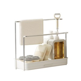 Kitchen Sink Organiser Kitchen Bathroom Space Saving Kitchen Organiser Sink Organiser with Drain Pan, Cloth Holder, Sponge Holder Dish Cloth Holder Shelf and Removable Collection Tray