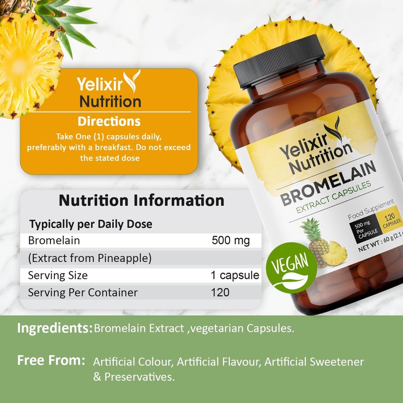 Yelixir Nutrition Bromelain Capsules 120 nos (2400 GDU/g), High Strength