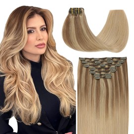SURNEL Hair Extensions Clip in Balayage Ombre Color 10 Fading to 16 Caramel Blonde With Color 16 Highlighted Double Sided Clip in Hair Extensions 7Pcs 140g 14inch(7C#10/16/16-14)