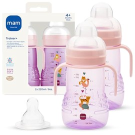 MAM - Taza de entrenamiento de plástico, con boquilla extra suave, pezón sin derrames y asas antideslizantes, para niñas de más de 4 meses, ocho onzas