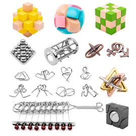 Wooden Brain Teaser Puzzles - Metal Unlock Interlock Game, IQ Logic Test Puzzles Game, 3D Puzzle Toy Brain Teaser for Kids and Adults, Mind Educational Toy Travel Games [18pcs of Pack ]