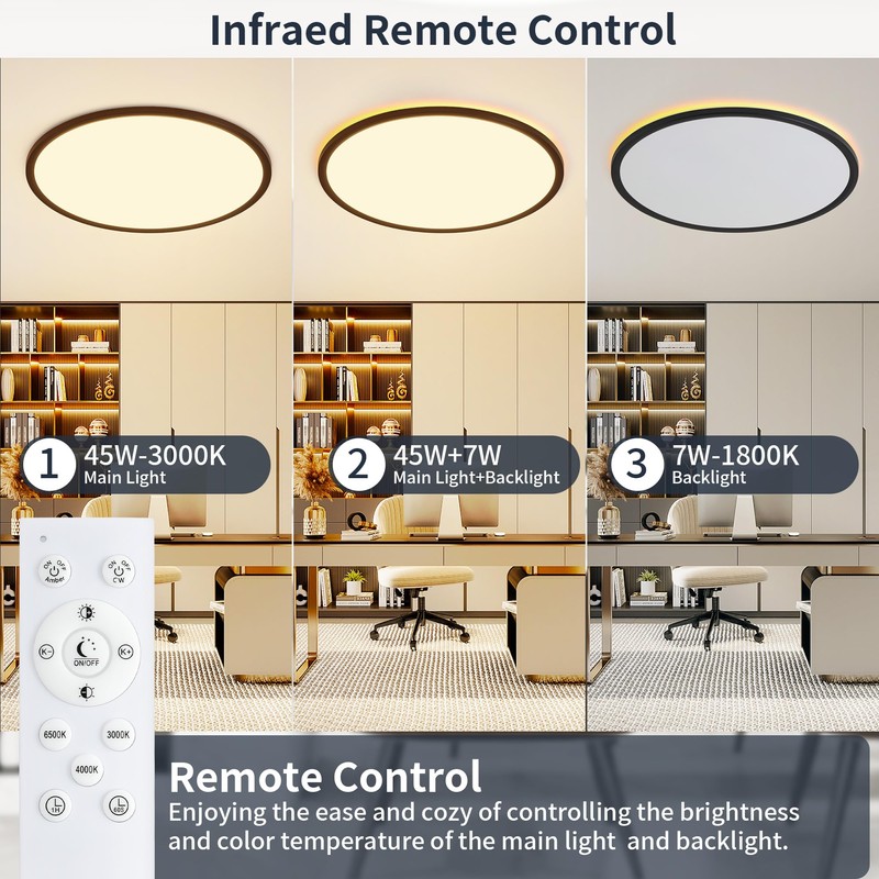 19 Inch Flush Mount Ceiling Light with Night Light, 45W