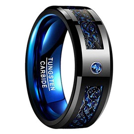 AJZYX 8mm Tungsten Carbide Engagement Wedding Ring for Men Women Celtic Dragon Blue Carbon Fiber and Cubic Zirconia Inlay Comfort Fit Band Size 9