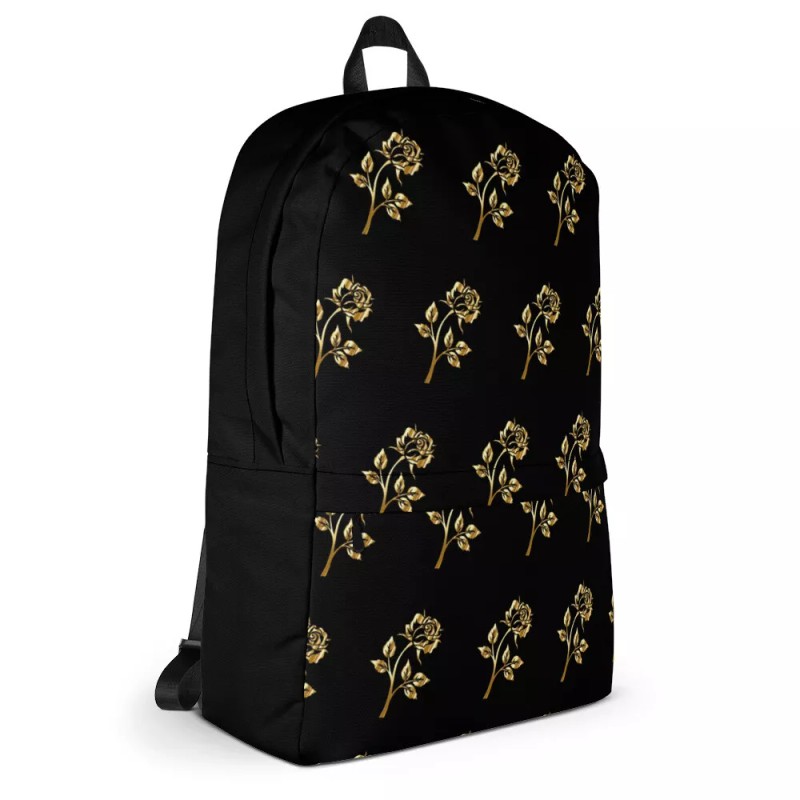 PBGoods Gold Rose Flower Design Black Backpack