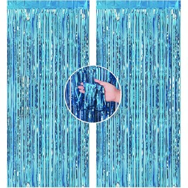 June tech 2pcs 3.28ft x 6.56ft Metallic Tinsel Curtains Curtain Door Curtains Hanging Streamers Glitter Aluminum Foil Birthday Party Backdrop Streamers Decorations (Lake Blue)