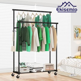 Ekisemio Double Rod Clothes Rack with Wheels Load 400 LBS, 45 Inch Rolling Clothing Rack for Hanging Clothes, Heavy Duty Garment Rack with Shelves, Metal Portable Closet, Black
