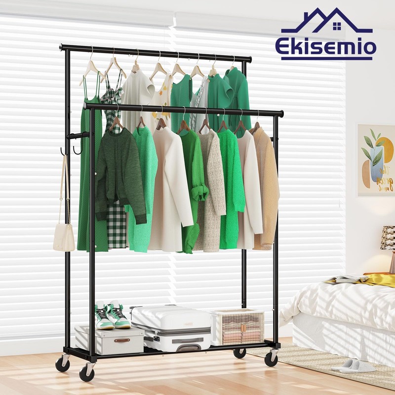 Ekisemio Double Rod Clothes Rack with Wheels Load 400 LBS,