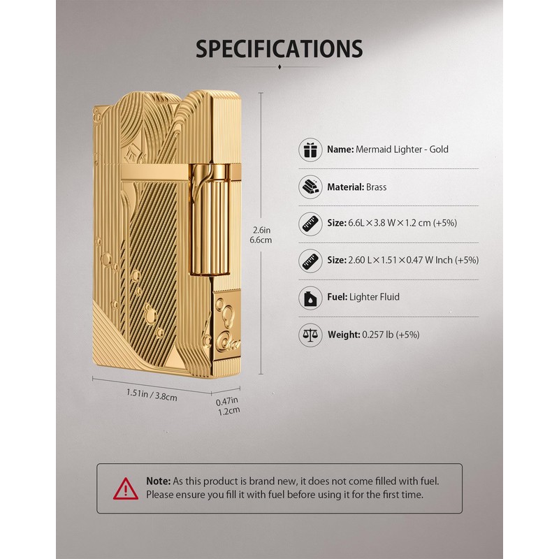 THORENS Crisp Sound Side-Slide Thin Brass Kerosene Lighter, Mermaid Gold