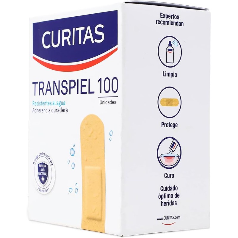 CURITAS TRANSPIEL Resistentes al agua 19x72mm. Caja c/100 Pzs.