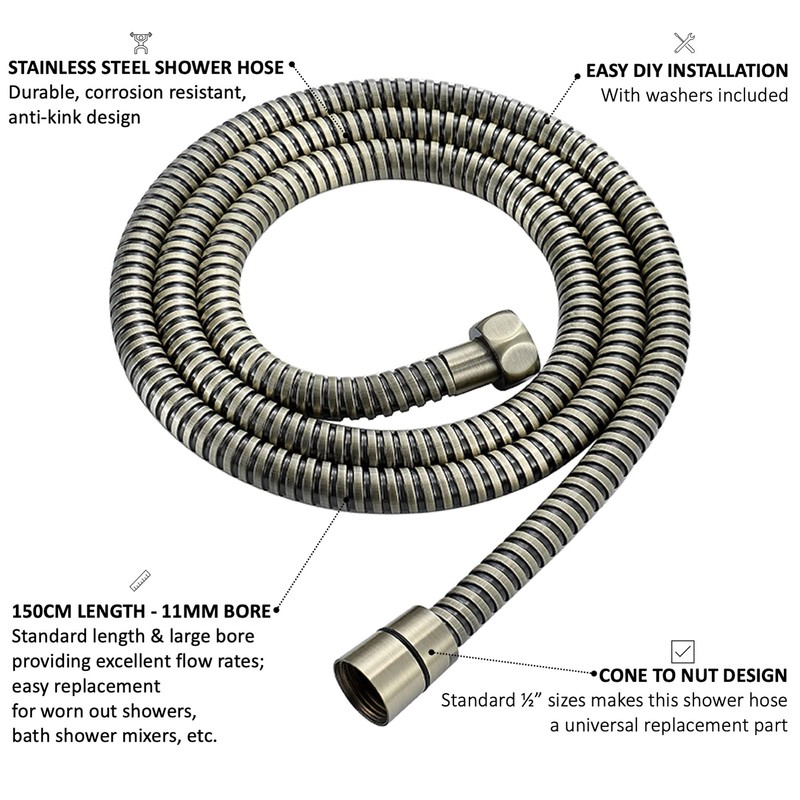 ENKI, H10, Shower Hose, Antique Brass, Flexi Bathroom Shower Head
