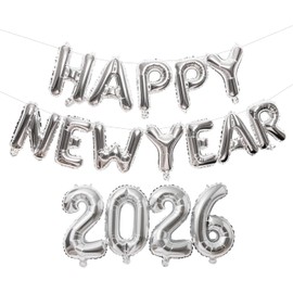 Happy New Year 2026 Balloons - New Year's Eve Party Supplies 2026, New Year's Eve Countdown, Christmas, Festival Decoration(Silver)